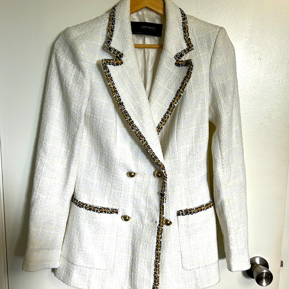 Zara White Tweed Blazer with Gold Trim